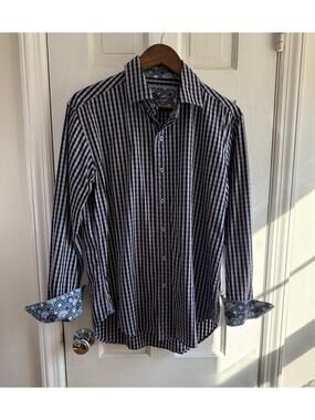 Robert Graham Mens Medium Navy Striped Button Down Shirt Paisley Flip Cuff